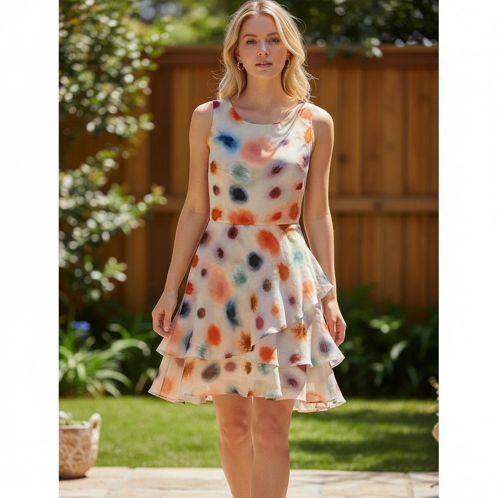 Reiss Womens 4 Watercolor Abstract Polka Dot Tiered Mini Dress Multicolor